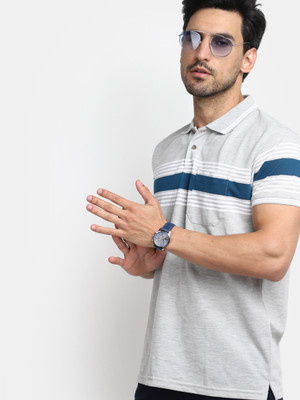 V-MART Striped Men Polo Neck Grey T-Shirt