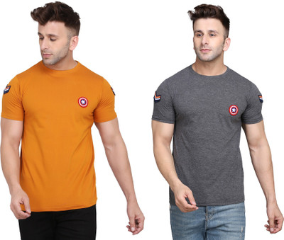 Blisstone Solid Men Round Neck Gold, Grey T-Shirt
