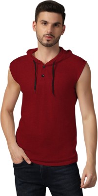 Blisstone Solid Men Hooded Neck Maroon T-Shirt