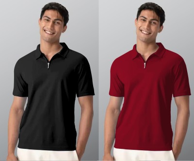 INDICLUB Solid Men Polo Neck Black, Maroon T-Shirt