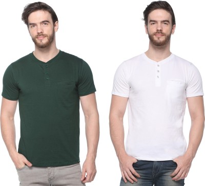 Humbert Solid Men Henley Neck Dark Green, White T-Shirt