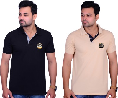 Cousin's Solid Men Polo Neck Beige, Black T-Shirt