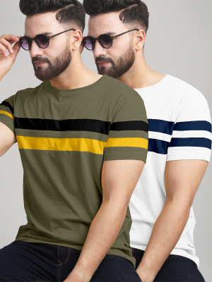 AUSK Colorblock Men Round Neck Dark Green, White T-Shirt