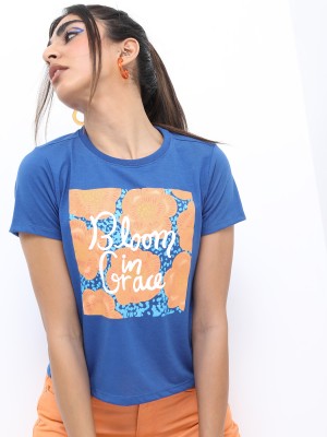 Tokyo Talkies Printed Women Round Neck Blue T-Shirt