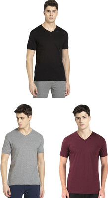 JOCKEY Solid Men V Neck Black, Grey, Maroon T-Shirt