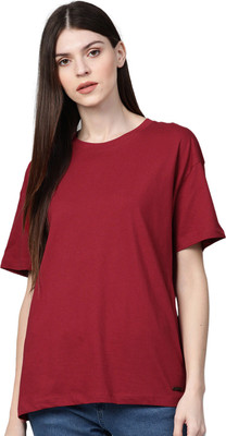 ALFA Solid Women Round Neck Maroon, Red T-Shirt