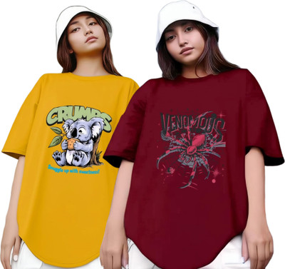 RS FASHION Printed Women Round Neck Yellow, Maroon T-Shirt