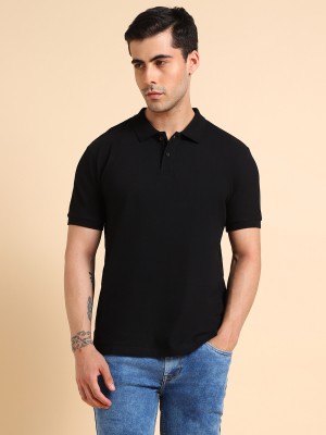 Dennis Lingo Solid Men Polo Neck Black T-Shirt