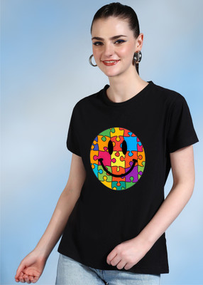 Moda Rapido Printed Women Round Neck Black T-Shirt