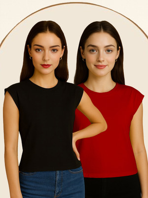 FBAR Solid Women Round Neck Black, Red T-Shirt