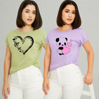 Lecowar Printed Women Round Neck Green, Purple T-Shirt