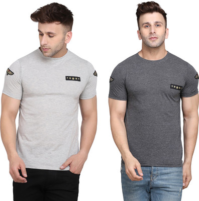 Money Leaf Solid Men Round Neck Silver, Grey T-Shirt