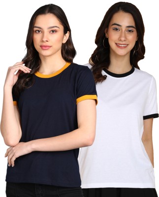 Adyavastram Solid Women Round Neck Navy Blue T-Shirt