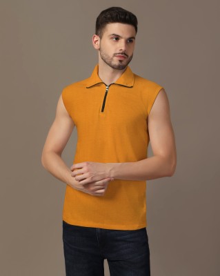 BEYOU FASHION Solid Men Polo Neck Yellow T-Shirt