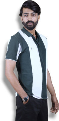 fabiura Solid Men Polo Neck White, Dark Green T-Shirt
