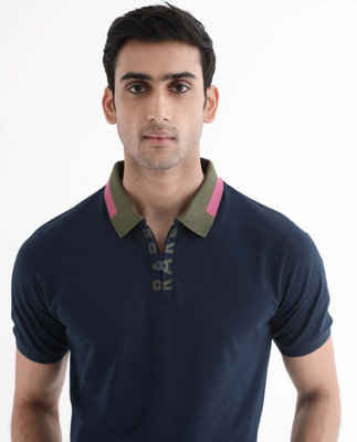 RARE RABBIT Solid Men Polo Neck Dark Blue T-Shirt