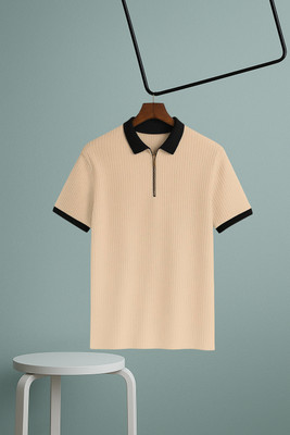 NB NICKY BOY Self Design Men Zip Neck Beige T-Shirt