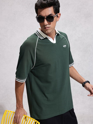 WROGN Striped Men Polo Neck Green T-Shirt