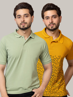 TRIUS Solid Men Polo Neck Green, Yellow T-Shirt