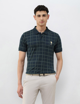 U.S. POLO ASSN. Checkered Men Polo Neck Blue T-Shirt