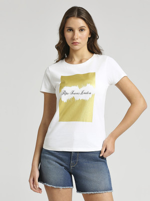 Pepe Jeans Printed, Typography Women Round Neck White T-Shirt