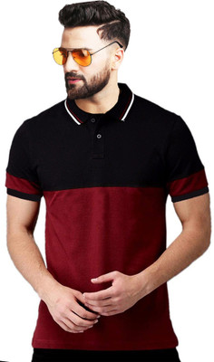 Leotude Colorblock Men Polo Neck Black T-Shirt