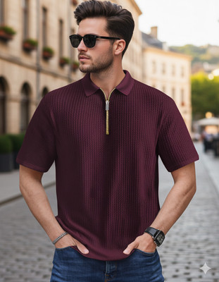 Siya Fashion Solid Men Zip Neck Purple T-Shirt