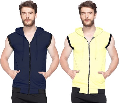 Adorbs Solid Men Hooded Neck Yellow, Navy Blue T-Shirt