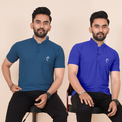Pio Sports Printed, Solid Men Mandarin Collar Multicolor T-Shirt