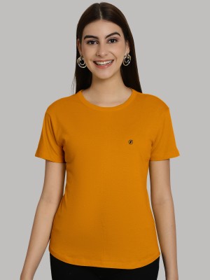 FRISKERS Solid Women Round Neck Gold T-Shirt