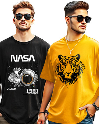AUSK Printed Men Round Neck Yellow, Black T-Shirt