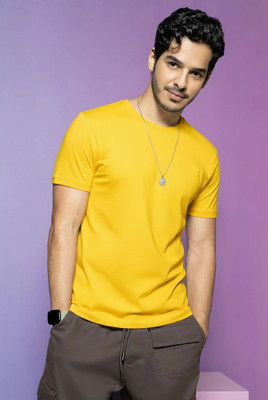 Adorbs Solid Men Round Neck Yellow T-Shirt