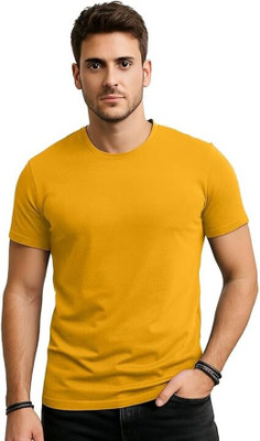 SHIMPEX Solid Men Round Neck Yellow T-Shirt