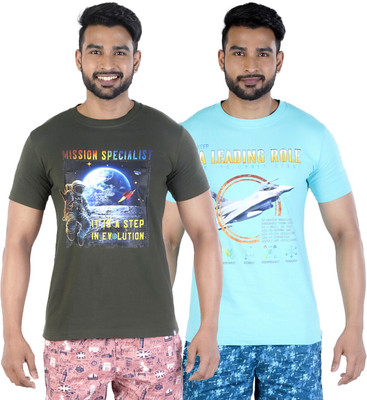 COLORS by Rupa Frontline Graphic Print Men Round Neck Dark Green, Light Blue T-Shirt
