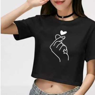 V Fashion Printed Women Round Neck Black T-Shirt