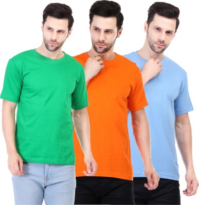 Fabarroe Solid Men Round Neck Green, Orange, Light Blue T-Shirt