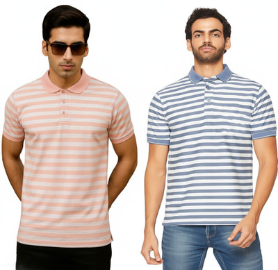 cnw Striped Men Polo Neck Multicolor T-Shirt