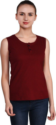 Lawful Casual Solid Women Henley Neck Maroon T-Shirt