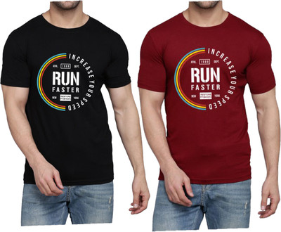 WOOSTRO Printed Men Round Neck Black, Maroon T-Shirt