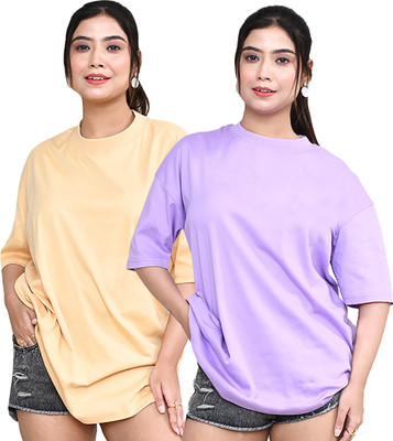 altius Solid Women Round Neck Beige, Purple T-Shirt