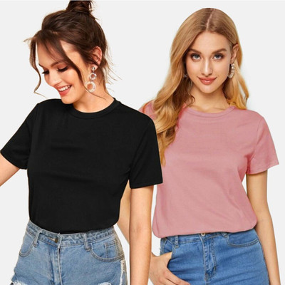 Hokum Solid Women Round Neck Multicolor, Black, Pink T-Shirt