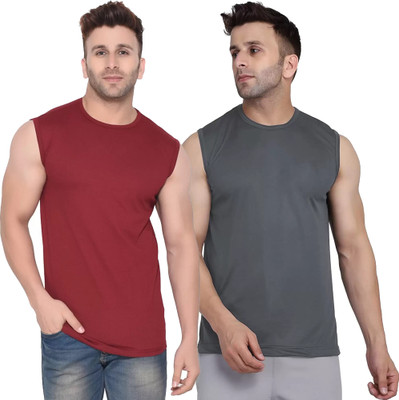 Moordale Fab Solid Men Crew Neck Maroon, Grey T-Shirt