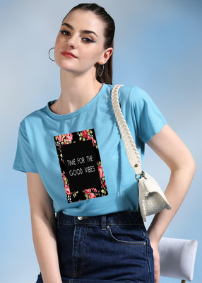 Moda Rapido Printed Women Round Neck Light Blue T-Shirt