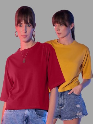 Dimpy Garments Solid Women Round Neck Yellow, Maroon T-Shirt