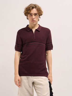 THE BEAR HOUSE Colorblock Men Polo Neck Maroon T-Shirt