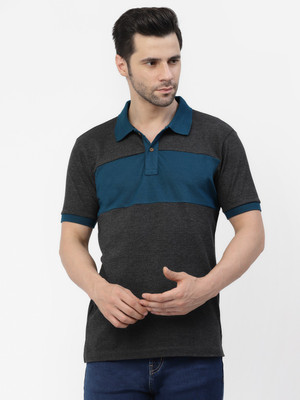 KALT Colorblock Men Polo Neck Grey T-Shirt