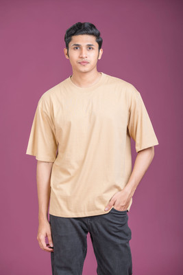 FLOMO Luxe Solid Men Round Neck Beige T-Shirt