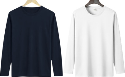 P collection Solid Men Round Neck Navy Blue, White T-Shirt