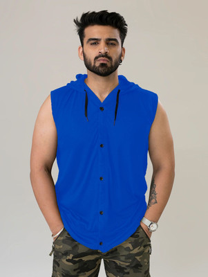 GEUM Solid Men Hooded Neck Blue T-Shirt