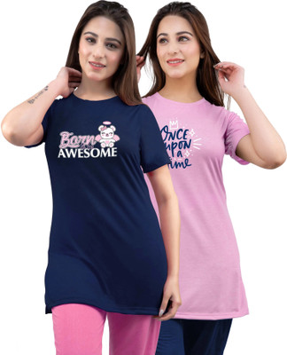 URBE Printed Women Round Neck Navy Blue T-Shirt